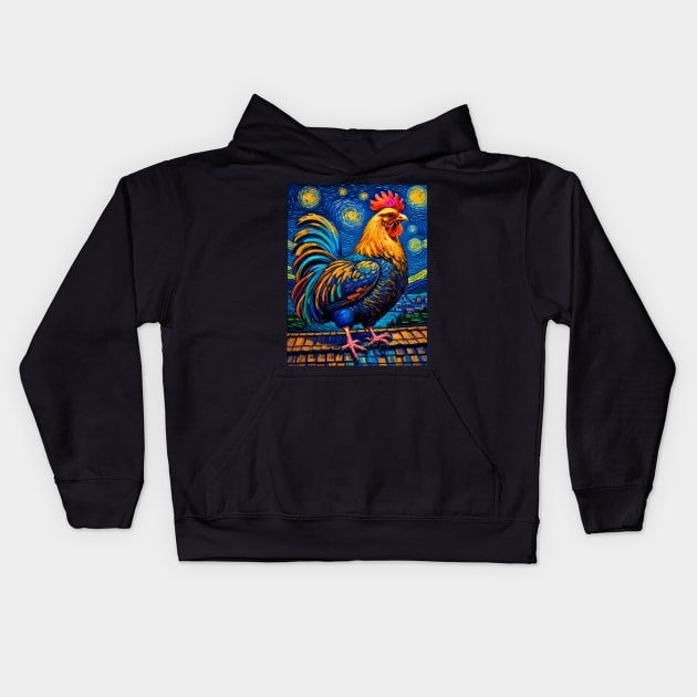 Rooster in starry night Kids Hoodie by FUN GOGH